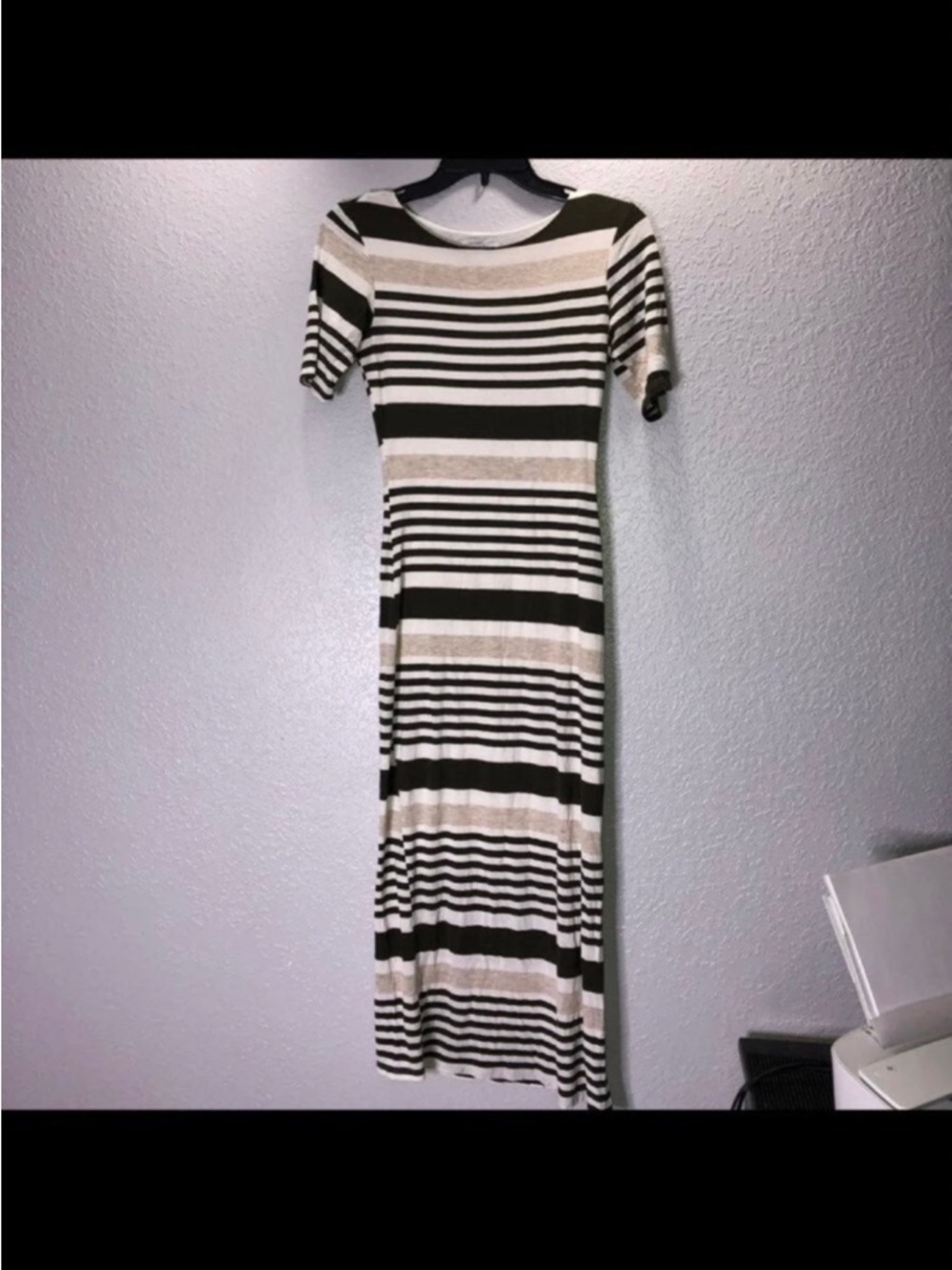 Velvet Torch Olive Green,White and Cream Striped Short-Sleeve Maxi